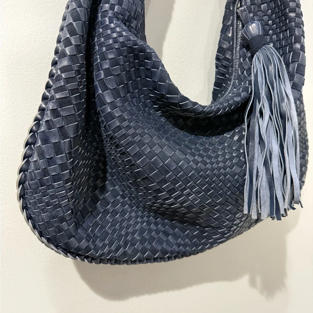 Jennifer Tattanelli Navy Intreccio Woven‎ Leather Tote Bag Blue Slouchy Hobo